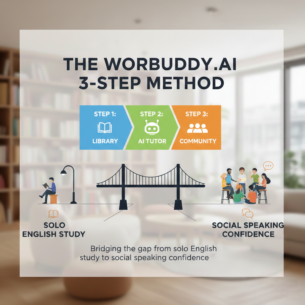 WordBuddy.ai 3-step method for bridging the gap from solo English study to social speaking confidence.