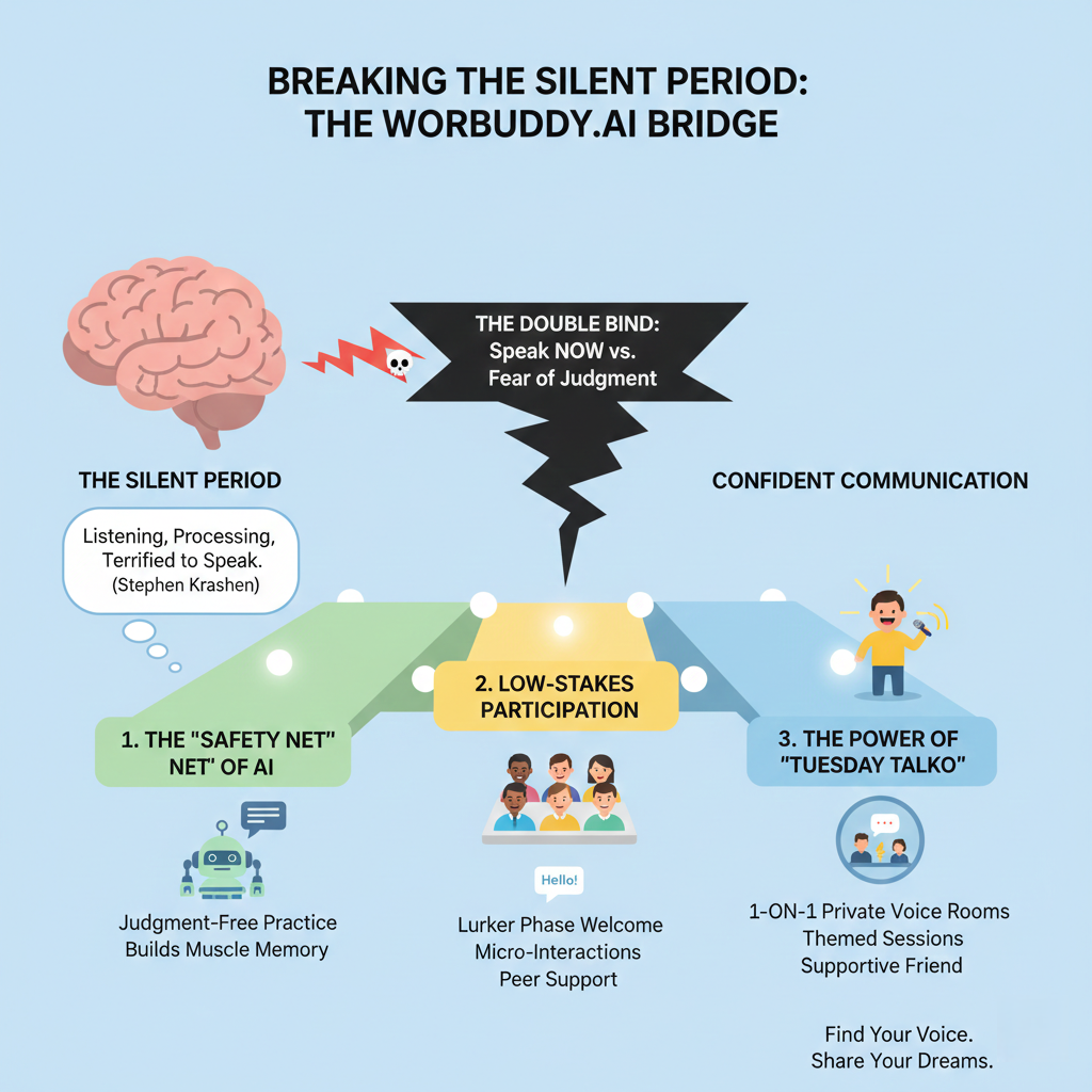 Diagram of the Silent Period and how the WordBuddy.ai Community helps learners transition to speaking.