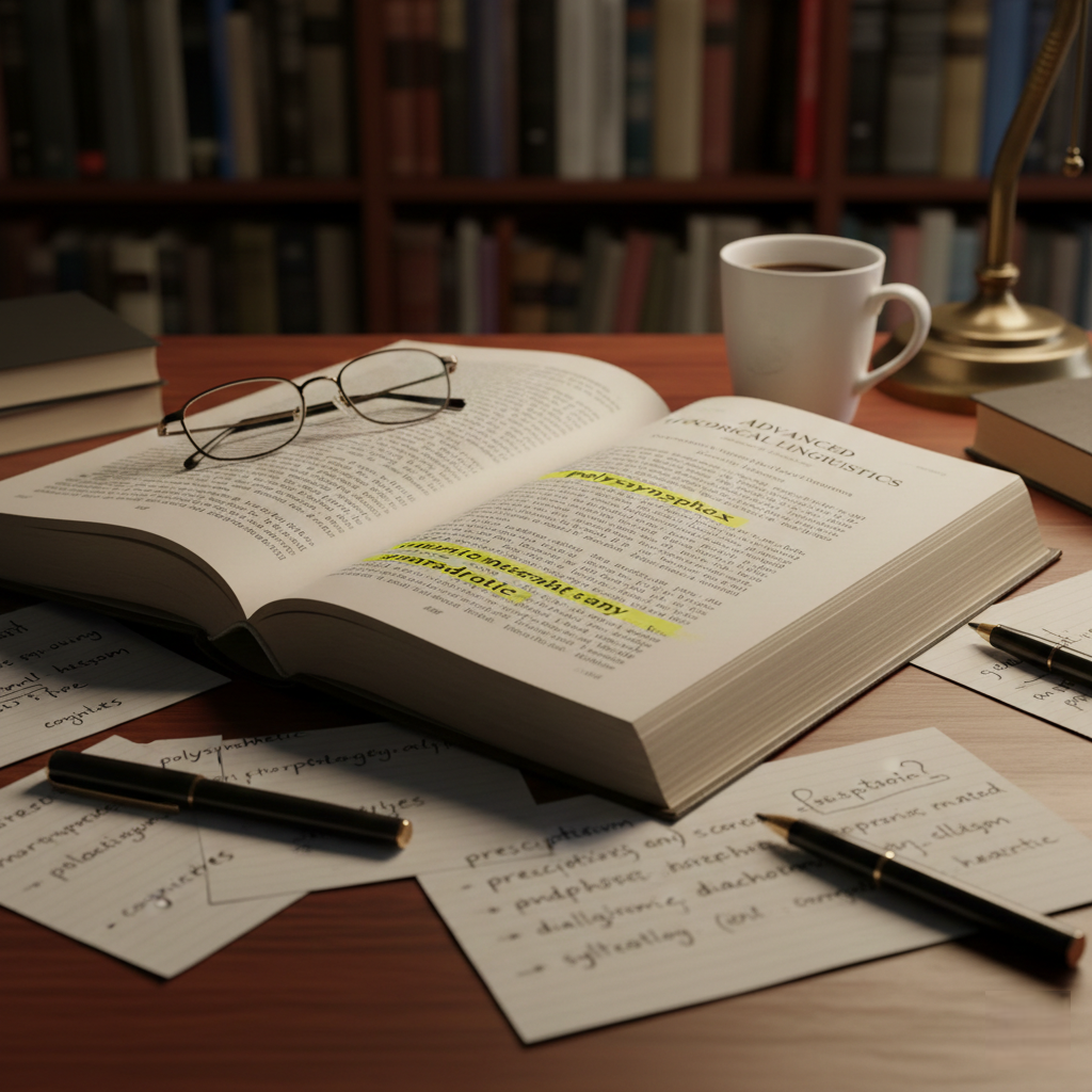 Academic vocabulary study materials with highlighted terms and notes.