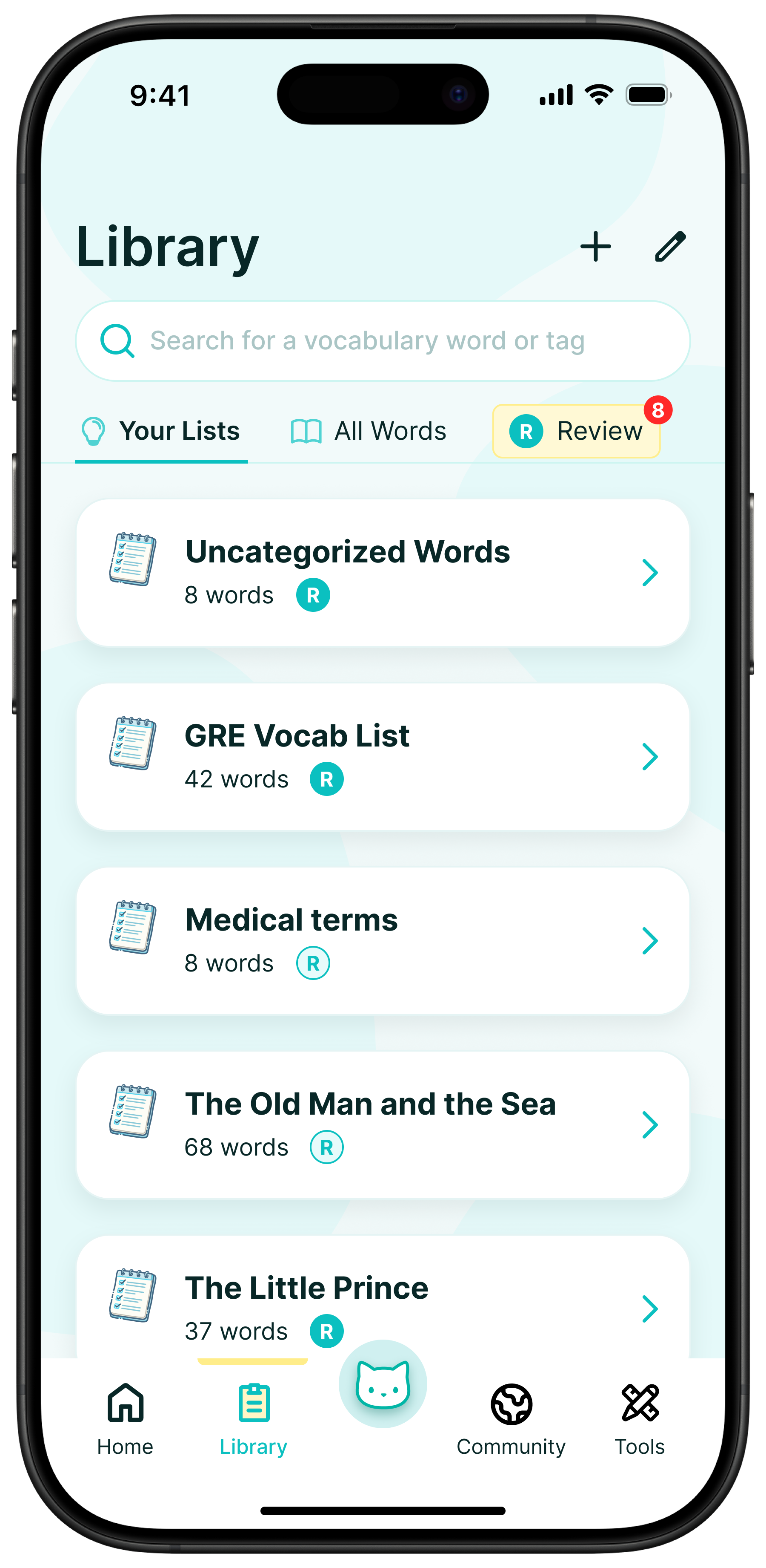 WordBuddy.ai Custom Vocabulary Library with lists organized by context.