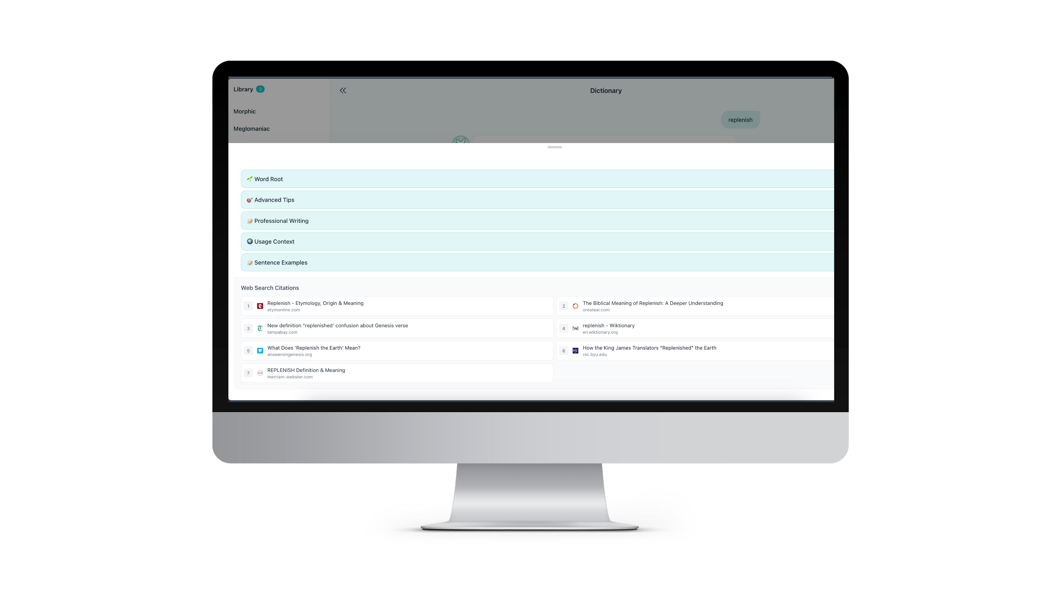 WordBuddy.ai vocabulary library showing the original context and source for saved English words.