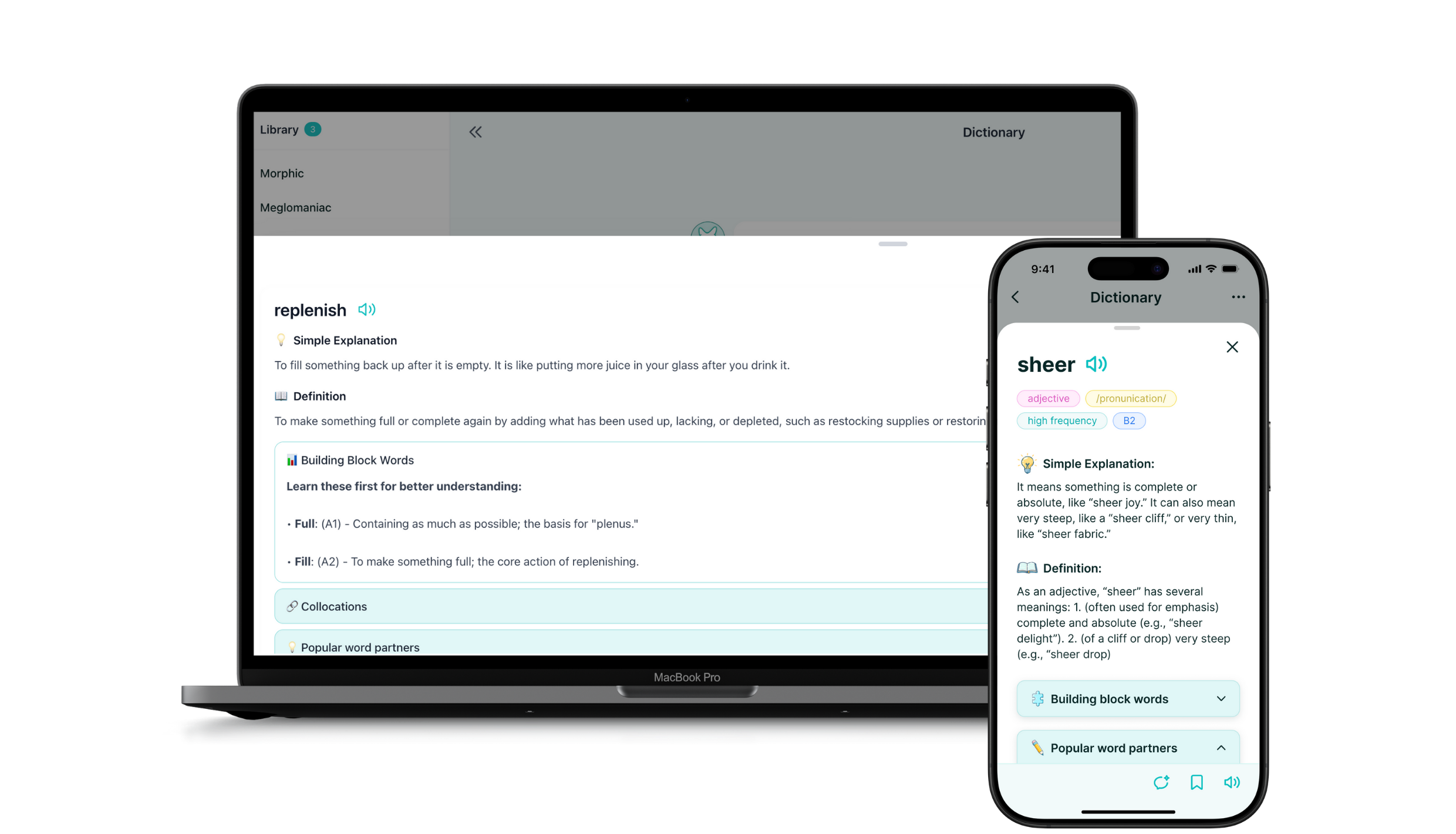 The WordBuddy.ai Dictionary showing a simplified English definition to help learners think in English.