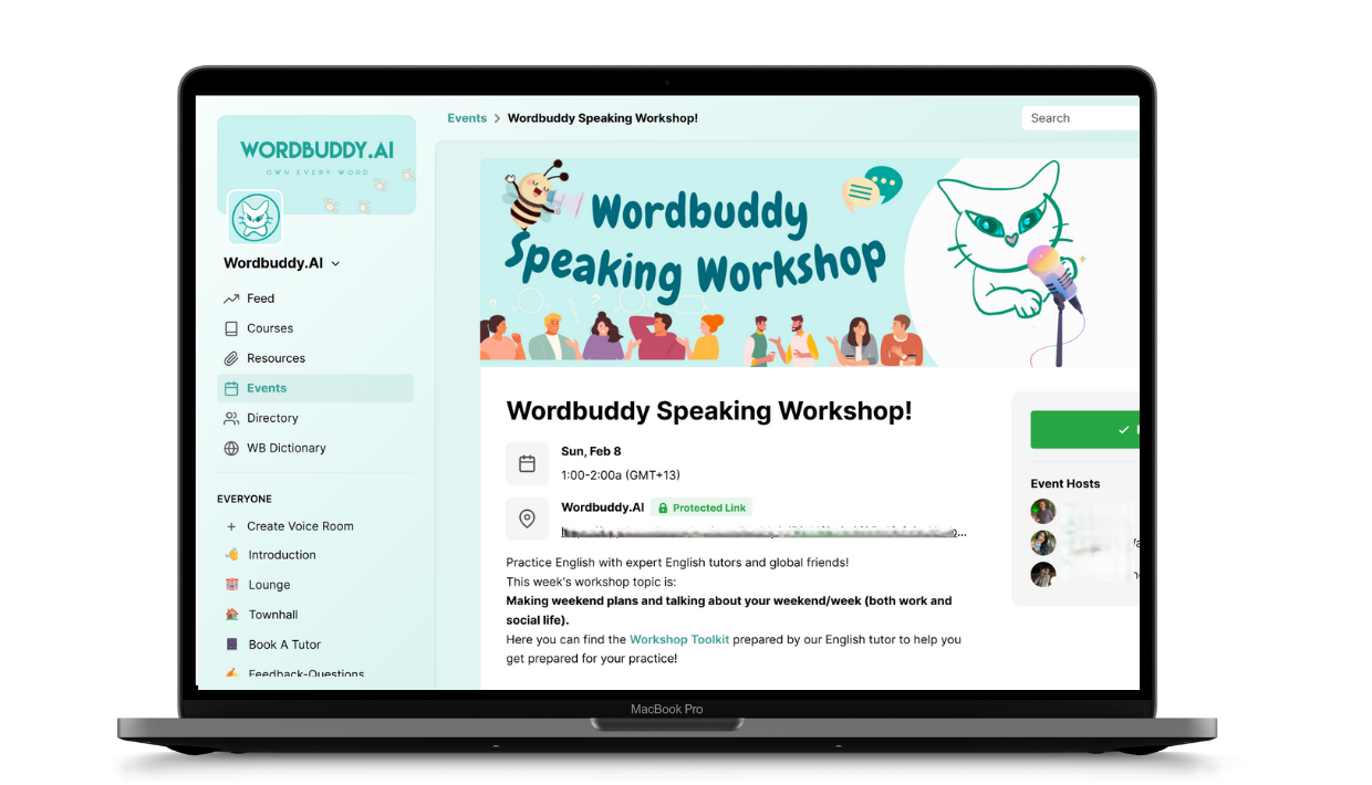 Structured English speaking workshops and professional tutor support in the WordBuddy.ai Community.