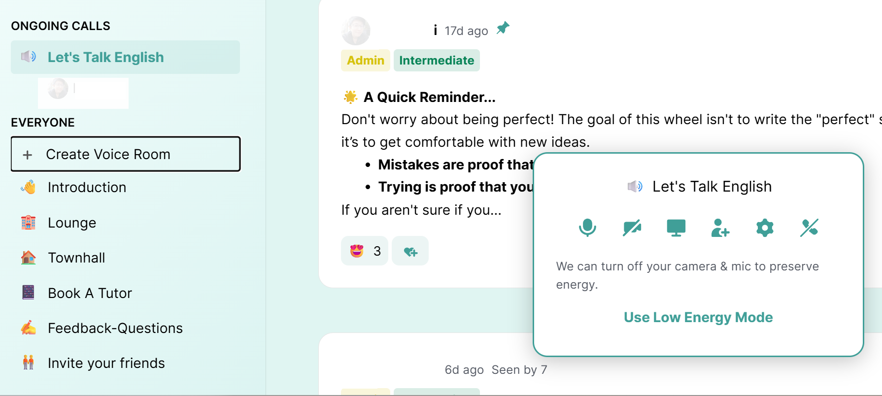 Active learners practicing speaking in the Wordbuddy English Community voice rooms.